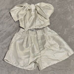 Glam Shimmering White High Waist Bow Top and Shorts